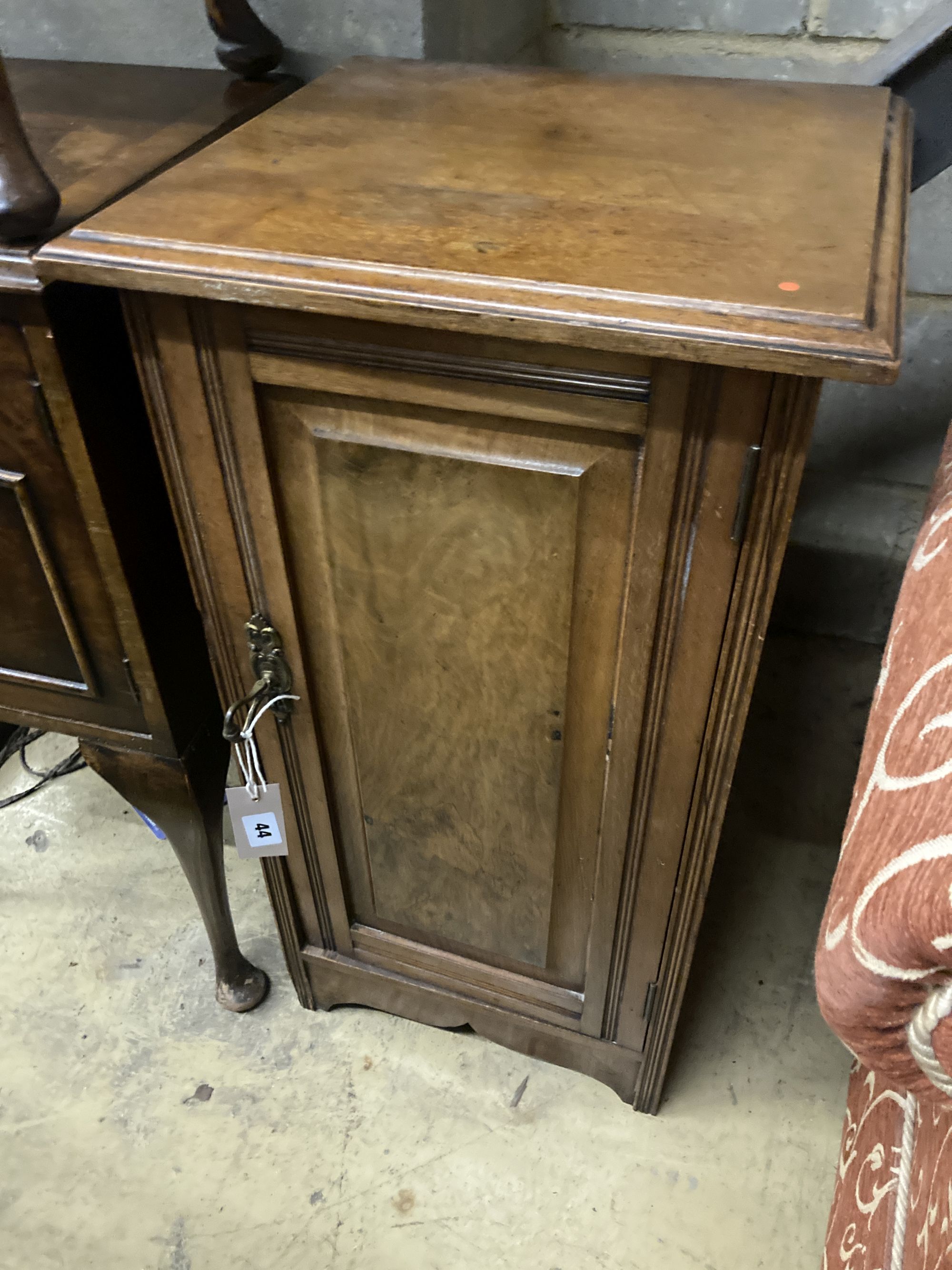 A late Victorian walnut bedside cabinet, width 40cm depth 36cm height 73cm, together with a pair of Queen Anne Revival walnut bedside c